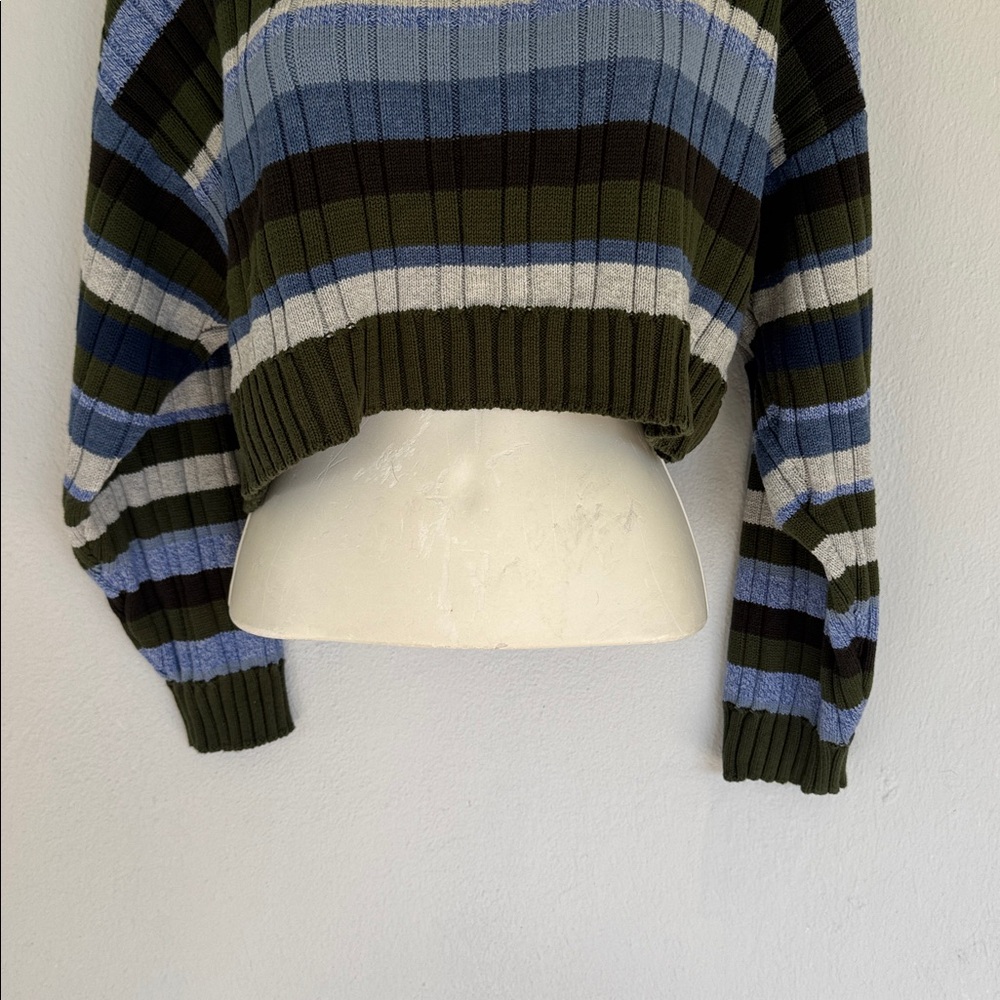 Le Lis green blue stripe stretch ribbed knit cropped long sleeve sweater small - Picture 6 of 14